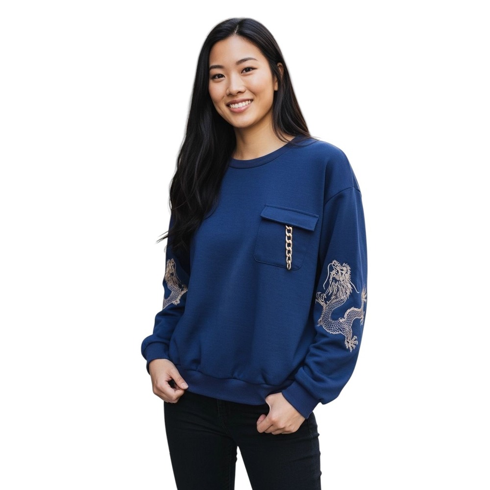 Blue‎ Dragon Embroidered Sweatshirt Pocket Front Chain Accent Pullover Top